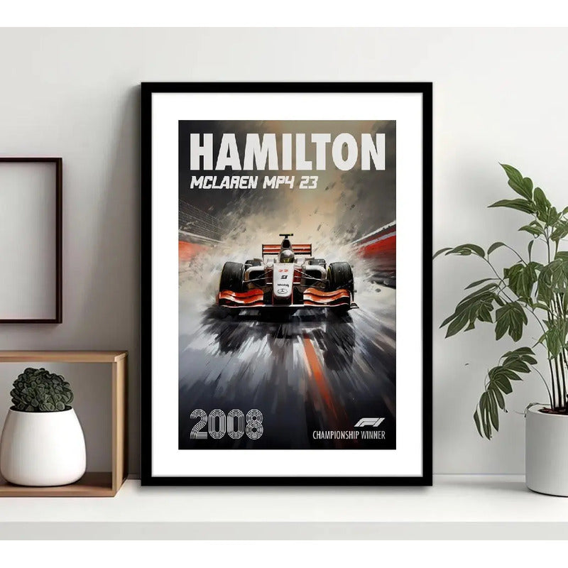 Cuadro Hamilton Mclaren Formula 1 Auto Carrera 2008 Arte Marco Negro