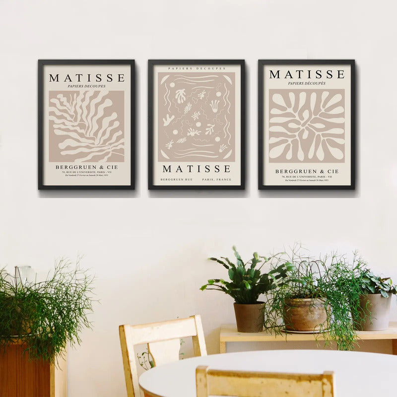 Set 3 Cuadros Dormitorio Living Matisse Tonos Beige Pastel Marco Negro