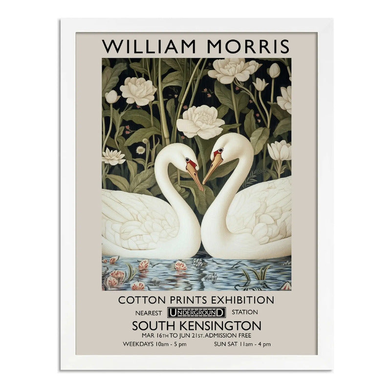 Cuadro Cisnes Amor William Morris Arte Flores Botanico Br2 Marco Blanco