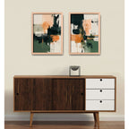 Set 2 Cuadros Dormitorio Living Abstracto Verde Durazno Brs2 Marco Marrón Claro