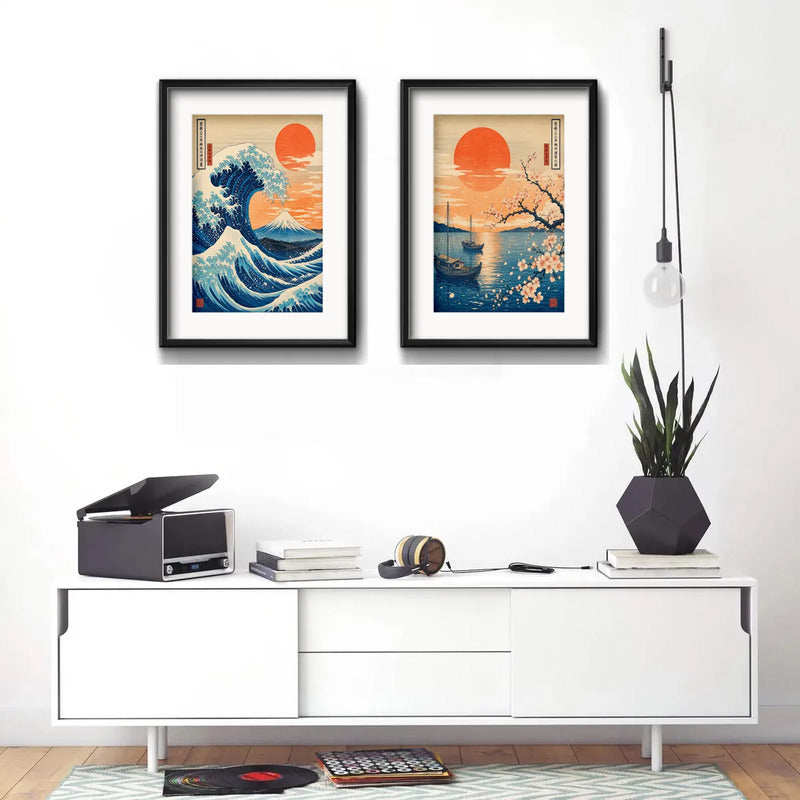 Set 2 Cuadros Arte Japones Ola Monte Fuji Sol Con Paspartu 53x43cm Cada Cuadro Negro