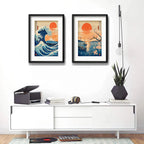 Set 2 Cuadros Arte Japones Ola Monte Fuji Sol Con Paspartu 53x43cm Cada Cuadro Negro