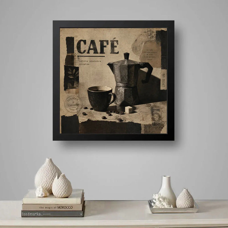 Cuadro Living Comedor Cocina Café Cafetera Moka 33x33cm Marco Negro