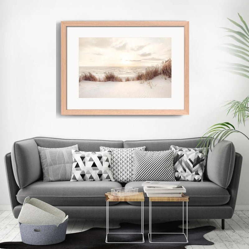 Cuadro Paisajes De Playa Dunas Mar Sol 110x80cm Con Paspartú Marrón Claro