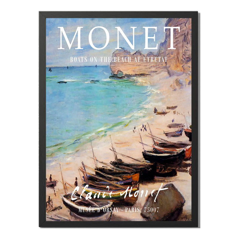 Cuadro Dormitorio Living Claude Monet Barcos Playa Étretat Marco Negro