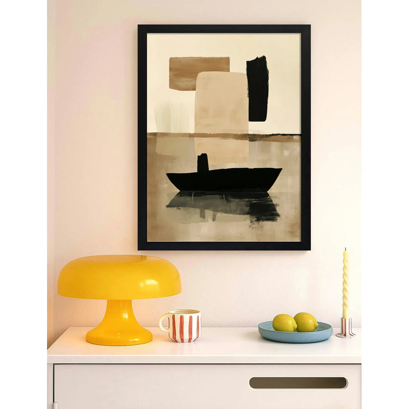 Cuadro Dormitorio Living Boho Abstracto Barcos Tonos Neutros Marco Negro