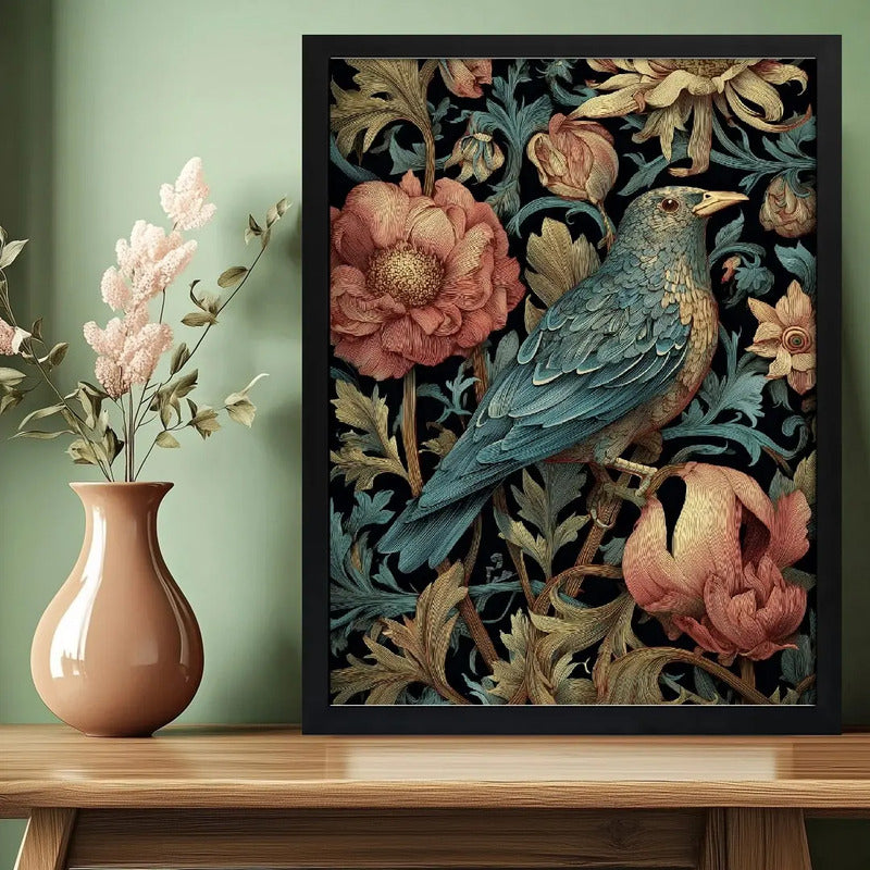 Cuadro Pajaro Botanico Flores William Morris Aves Flor Arte Pájaro Azul Y Peonías W Morris Marco Negro