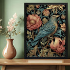 Cuadro Pajaro Botanico Flores William Morris Aves Flor Arte Pájaro Azul Y Peonías W Morris Marco Negro
