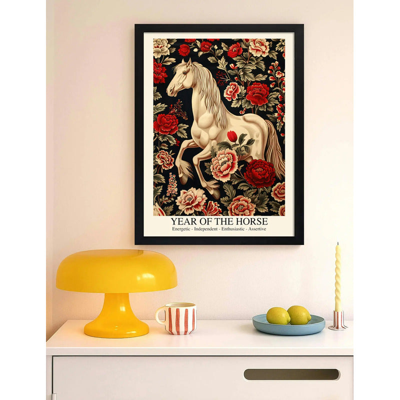 Cuadro Año Del Caballo Zodiaco Chino William Morris Flores Caballo Blanco Negro