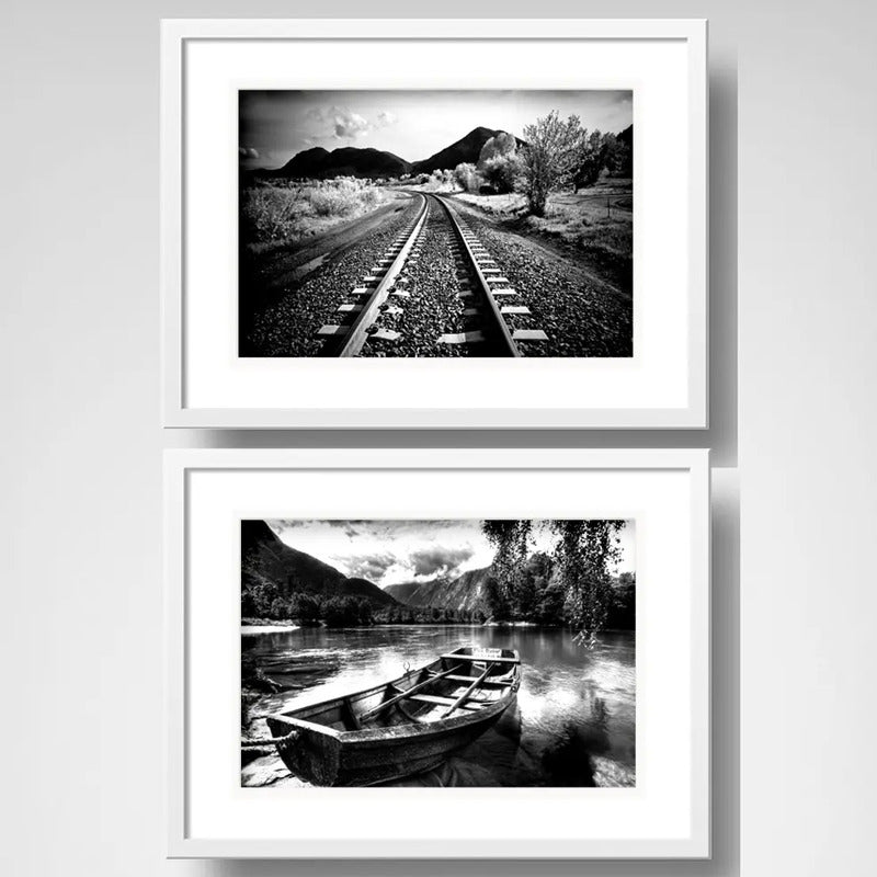 Set 2 Cuadros Paisajes Blanco Y Negro Decoracion Paspartú