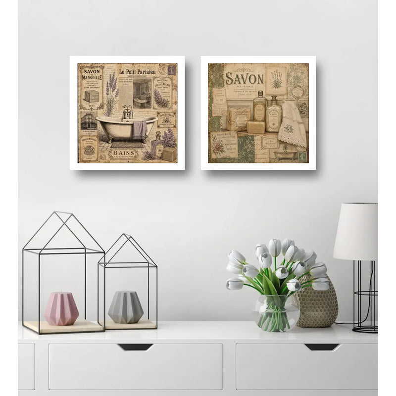 Set 2 Cuadros Decoracion Bano Paris Retro Banera Jabones Marco Blanco