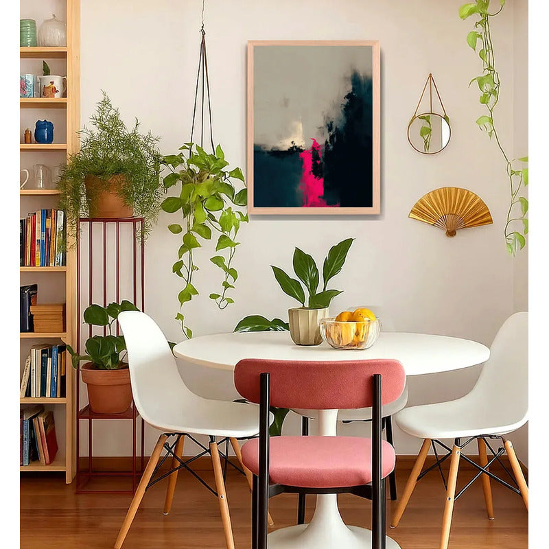 Cuadro Dormitorio Living Boho Abstracto Neón Rosa Beige Oak Marco Marrón Claro