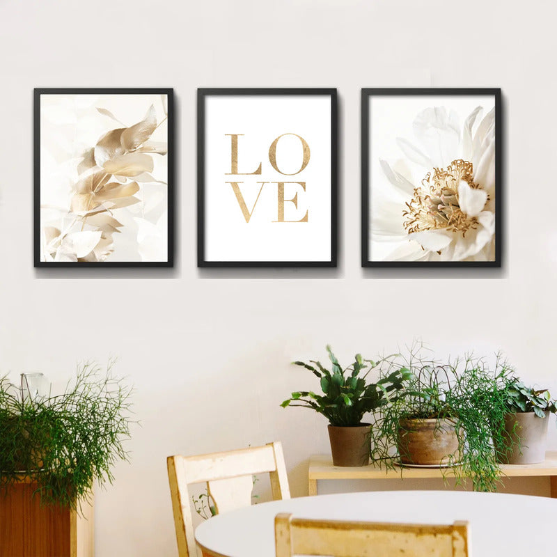Set 3 Cuadros Hojas Doradas Love Botanica Tonos Suaves Marco Negro