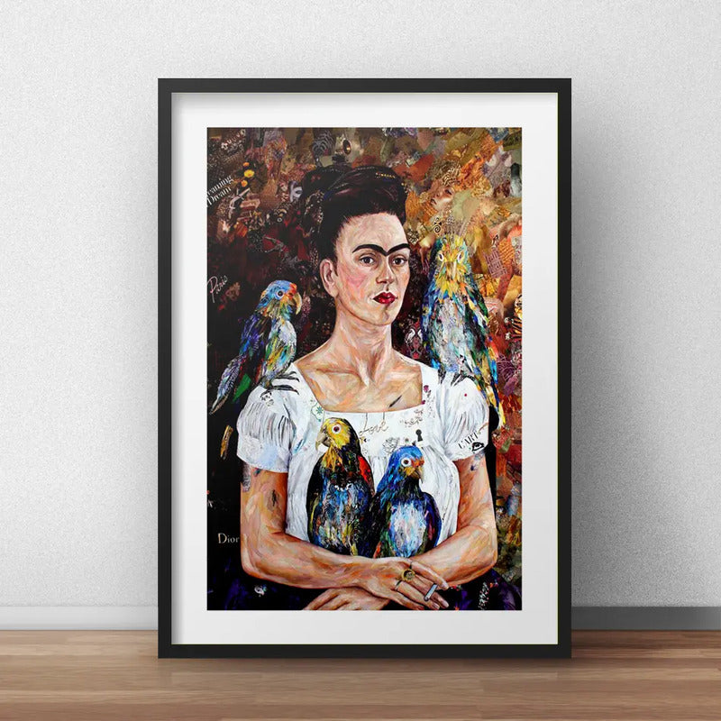 Cuadro Frida Kahlo Pajaros Arte Decoracion Con Paspartu Marco Negro