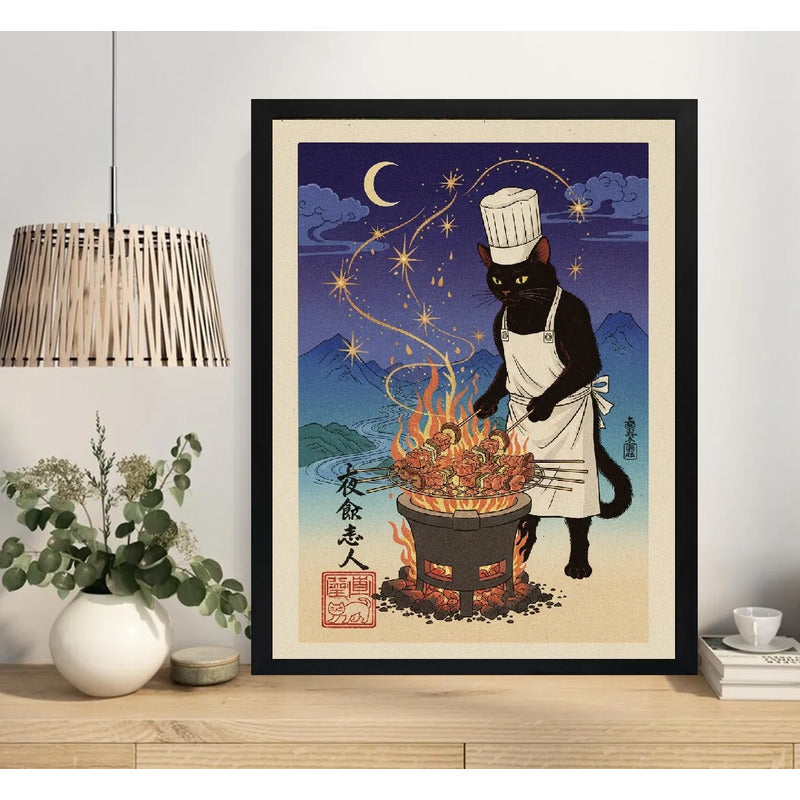 Cuadro Gato Negro Chef Asado Cocina Noche Luna Japón Arte Marco Negro