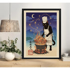 Cuadro Gato Negro Chef Asado Cocina Noche Luna Japón Arte Marco Negro