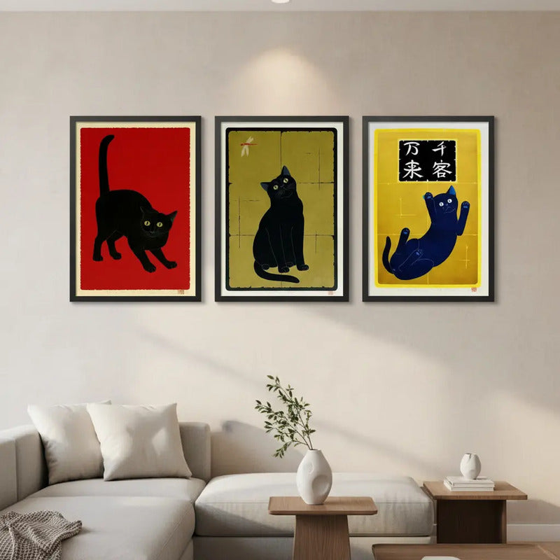 Set 3 Cuadros Living Gatos Japoneses Arte Japón Gato Negro Marco Negro