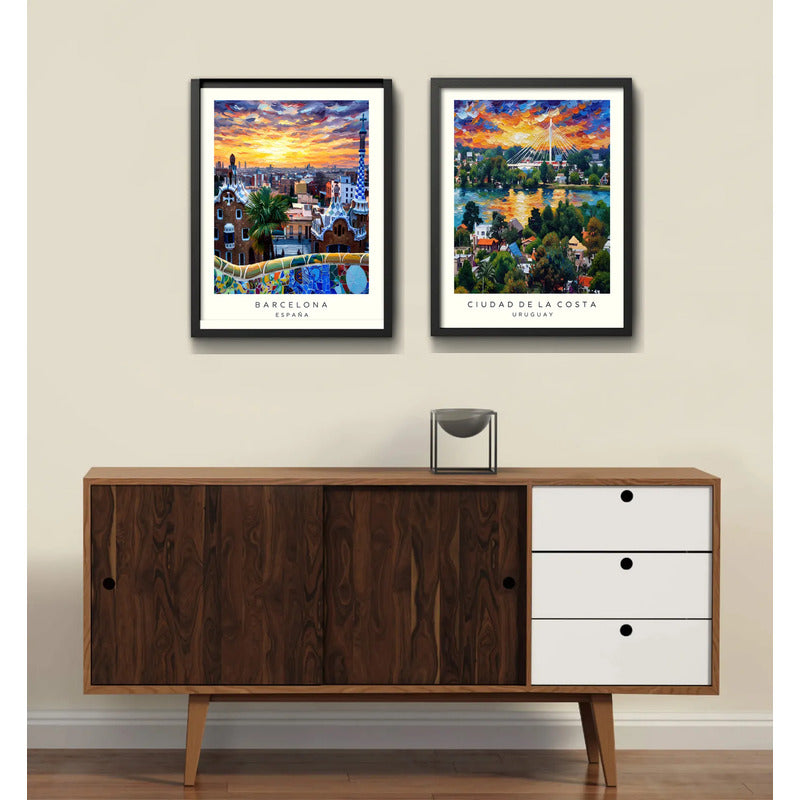 Set 2 Cuadros Barcelona Espana Ciudad De La Costa Uruguay Marco Negro