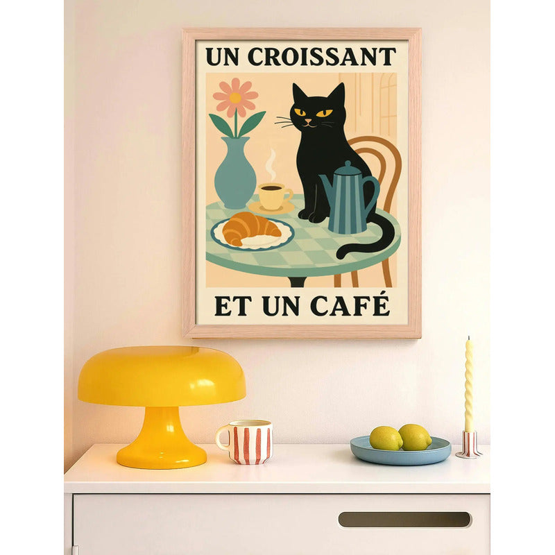 Cuadro Gato Negro Café Croissant Medialuna Gatito Marco Oak Marco Marrón Claro