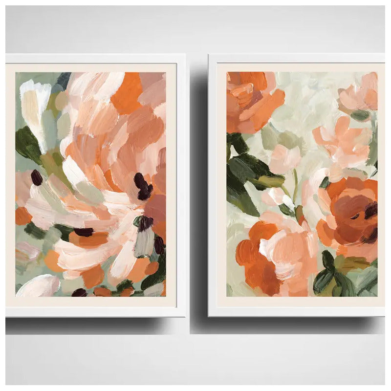 Set 2 Cuadros Dormitorio Living Peach Floral Flores Botanico Marco Blanco