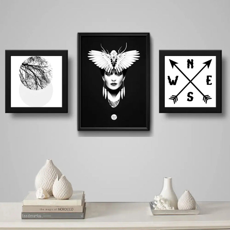 Set 3 Cuadros Frida Kahlo Mariposa Luna Arbol Blanco Y Negro