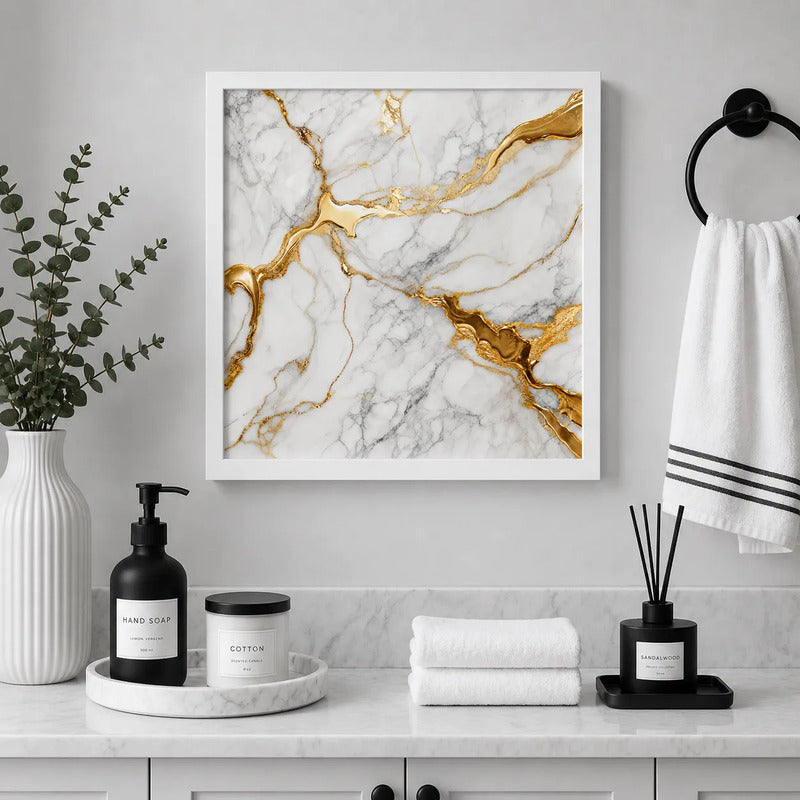 Cuadro Para Decoracion De Bano Mármol Blanco Dorado 33x33cm Marco Blanco