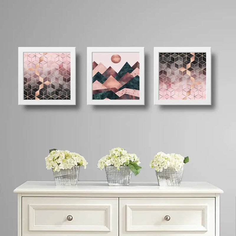Set 3 Cuadros Abstracto Rose Gold Escandinavo Geometrico Art