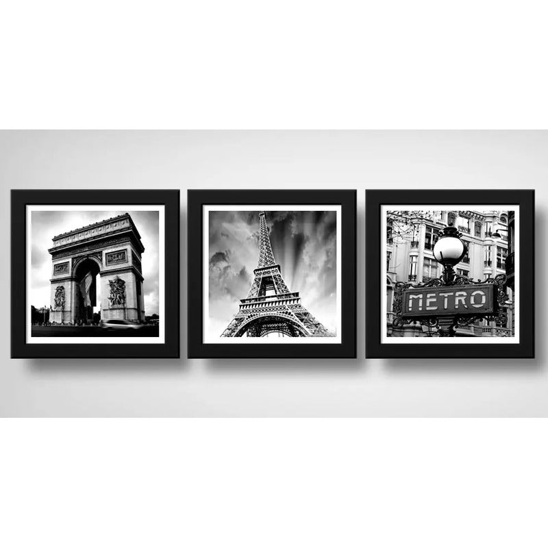 Set 3 Cuadros Paris Blanco Y Negro Torre Eiffel - 33x33cm 33x33cm Negro