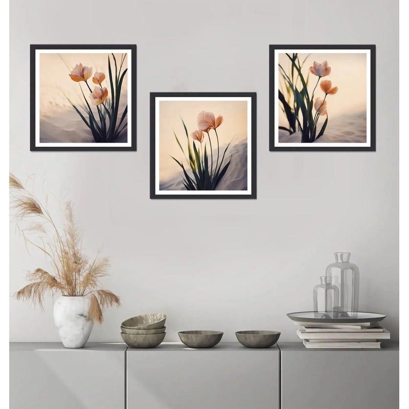 Set 3 Cuadros Flores De Dunas Playa Dune Flowers Botanico Marco Negro