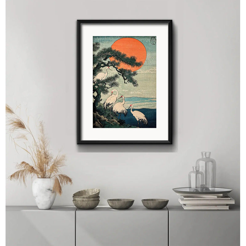 Cuadro Japonés Woodblock Grulla Arte 53x43cm Con Paspartú Marco Negro
