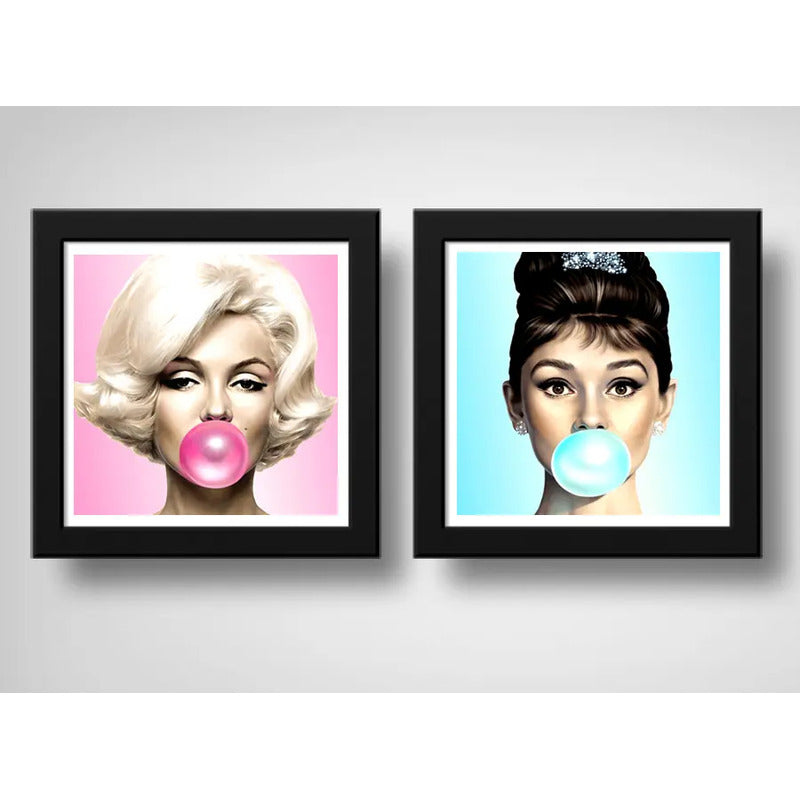 Set 2 Cuadros Marilyn Monroe Audrey Hepburn Chicle Pop Art