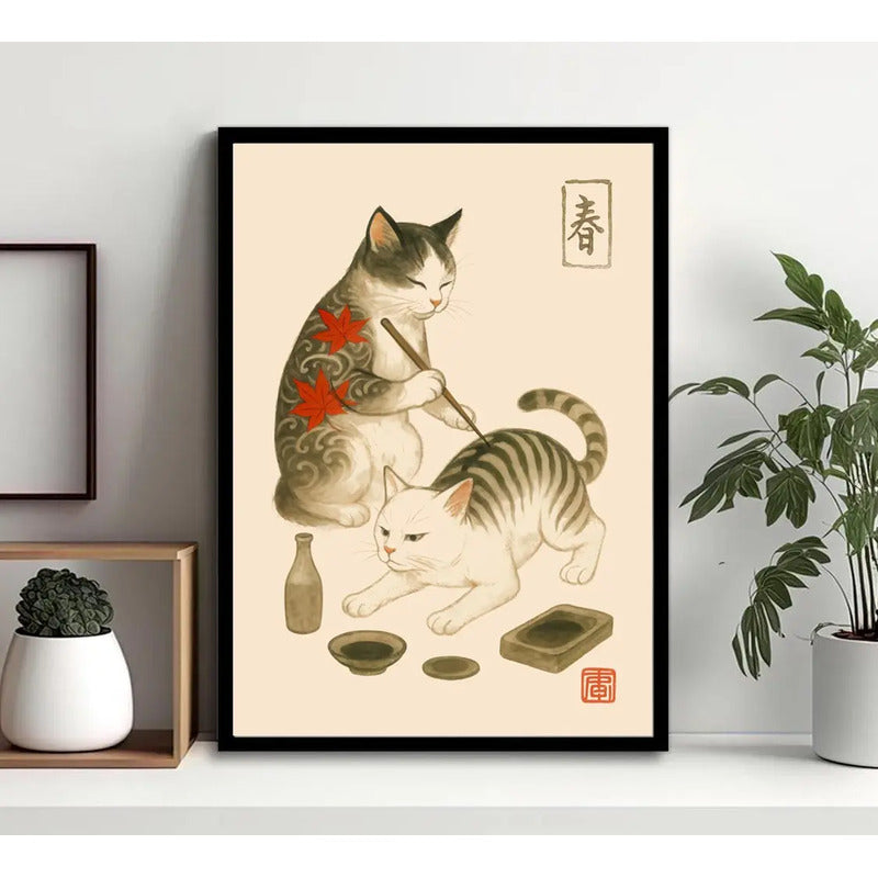 Cuadro Gato Arte Japonés Tattoo Tebori Tatuador Decoracion Marco Negro