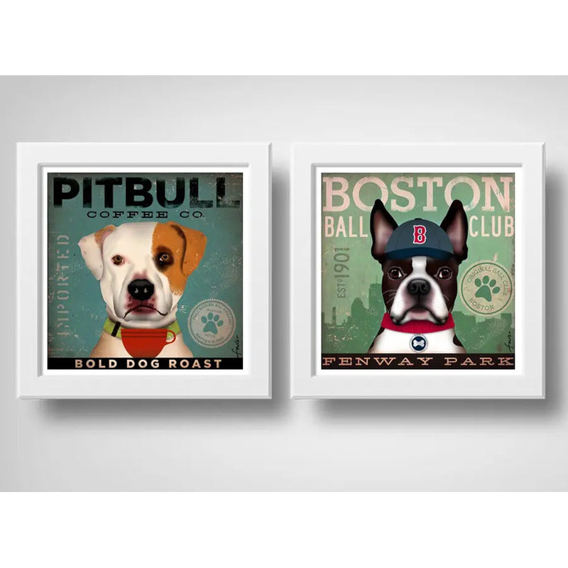 Set 2 Cuadros Pitbull Boston Perro Cafe Pop Art Mascota Pet