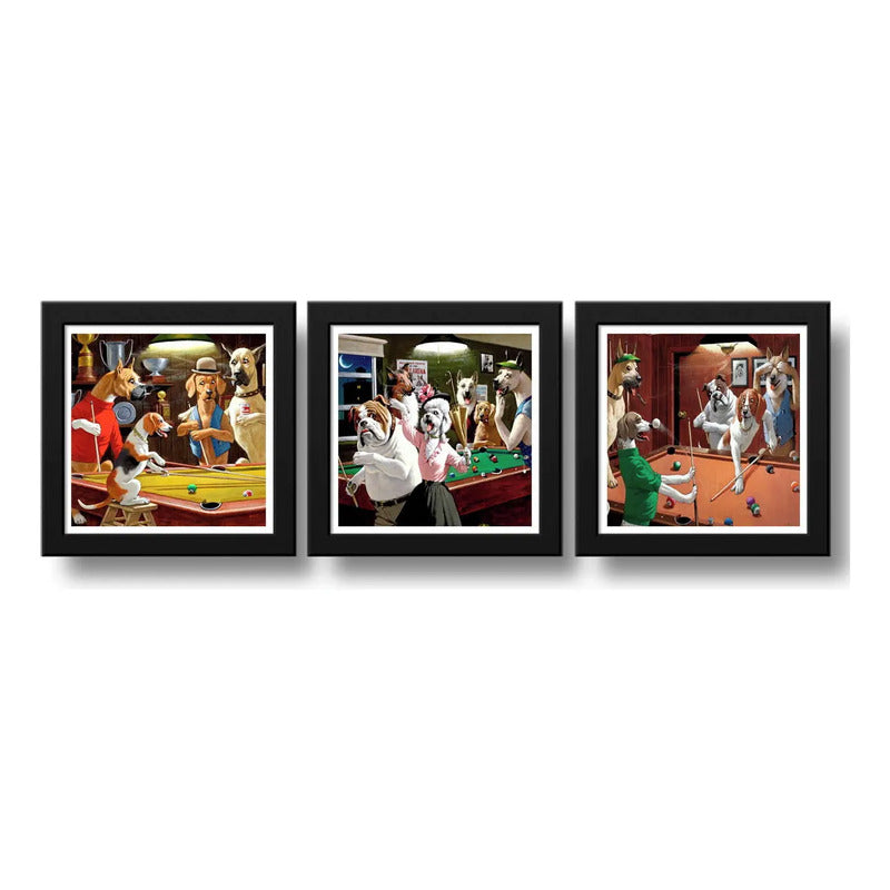 Set 3 Cuadros Perros Casino Juegos Billar Mascota 33x33cm Marco Negro