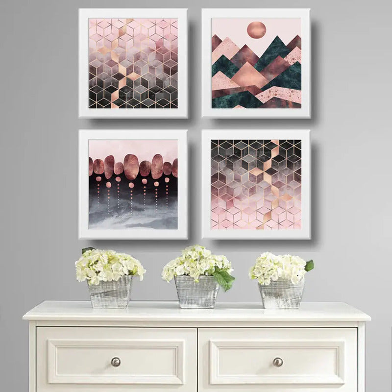 Set 4 Cuadros Abstracto Rose Gold Escandinavo Geometrico Art