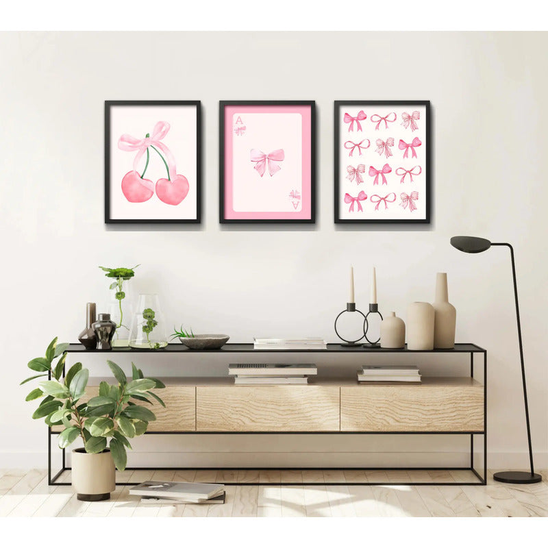 Set 3 Cuadros Rosa Pink Tendencia Lazos Fashion Coquette Marco Negro