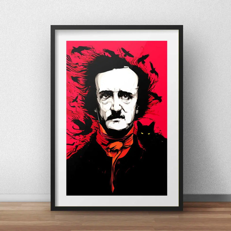 Cuadro Edgar Allan Poe Gato Cuentos Escritor Con Paspartú Marco Negro