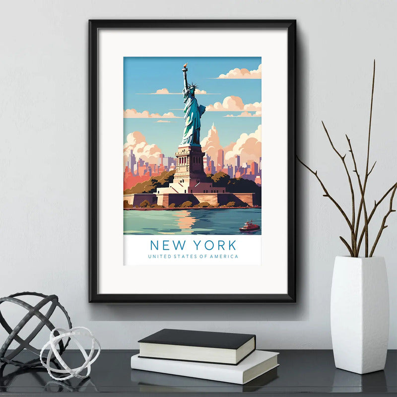 Cuadro New York Ciudad Estatua De La Libertad Con Paspartú Marco Negro