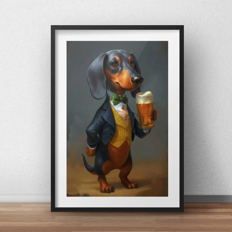 Cuadro Perro Salchicha Tomando Cerveza Birra Con Paspartú