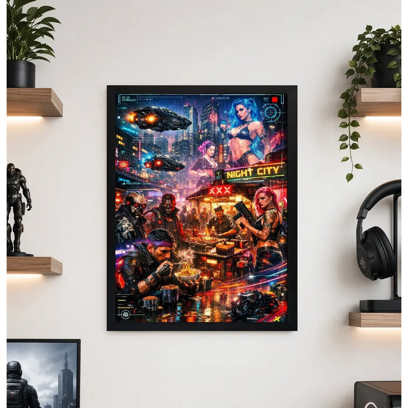 Cuadro Cyberpunk 2077 Night City Videojuego Playstation Game Marco Negro