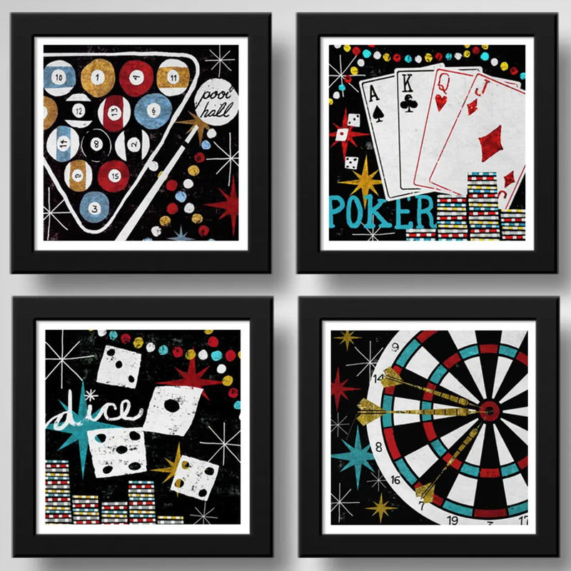 Set 4 Cuadros Juegos Billar Poker Cartas Dardos - 33x33cm Marco Negro