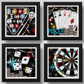 Set 4 Cuadros Juegos Billar Poker Cartas Dardos - 33x33cm Marco Negro