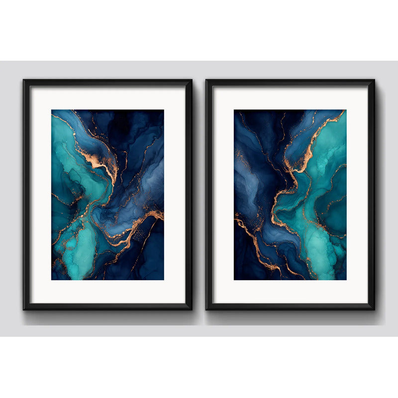 Set 2 Cuadros Abstracto Mármol Azul Turquesa Con Paspartu 43x33cm Cada Cuadro Negro