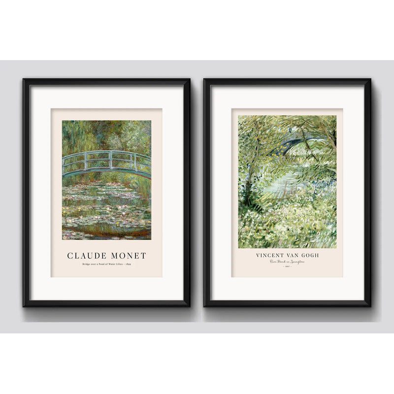 Set 2 Cuadros Living Claude Monet Van Gogh Brs2 Con Paspartu Marco Negro