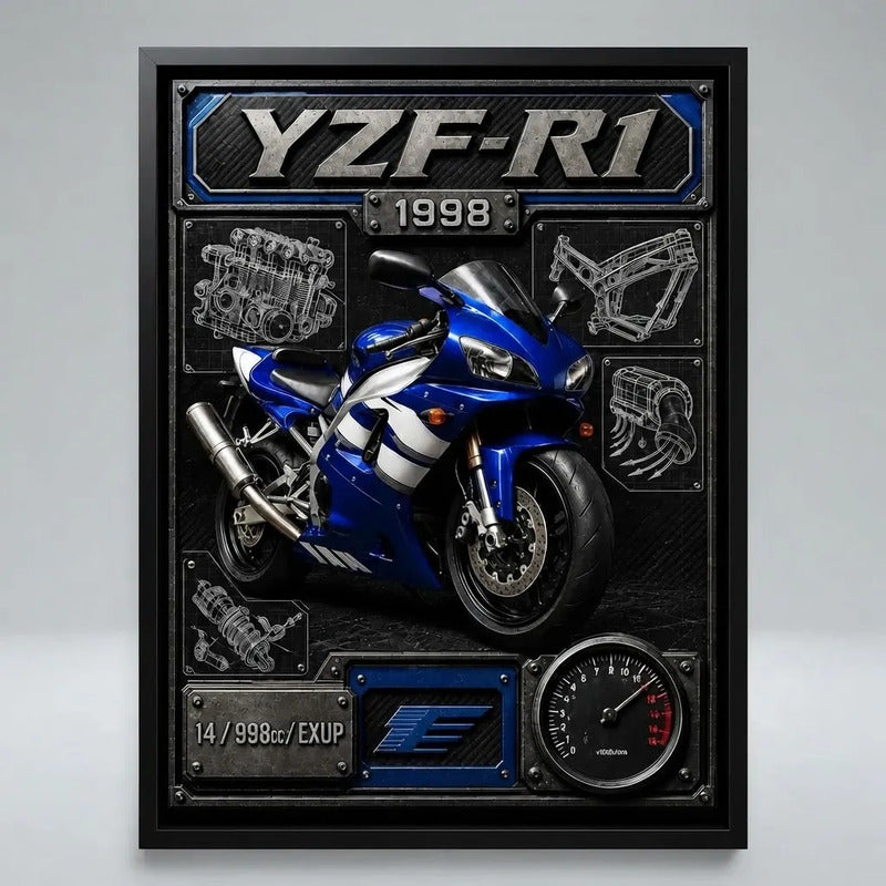 Cuadro Yamaha Yzf R1 Moto Icónico Detalles Specs Efecto 3d Marco Negro