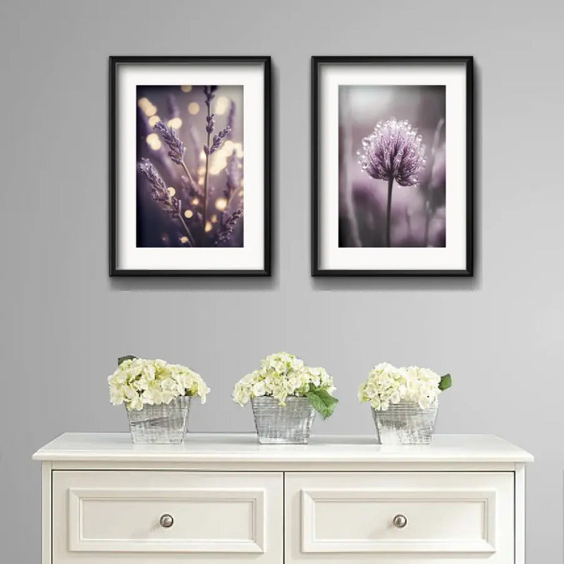 Set 2 Cuadros Flores Lavanda Cola Liebre Purple Con Paspartú Marco Negro