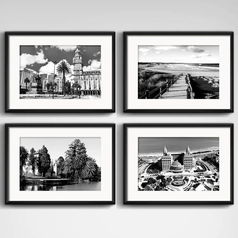 Set 4 Cuadros Montevideo Blanco Y Negro Ciudad Con Paspartu
