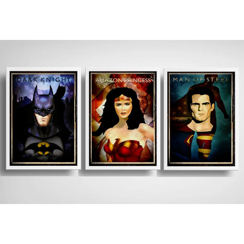 Set 3 Cuadros Batman Mujer Maravilla Superman Héroes Comics