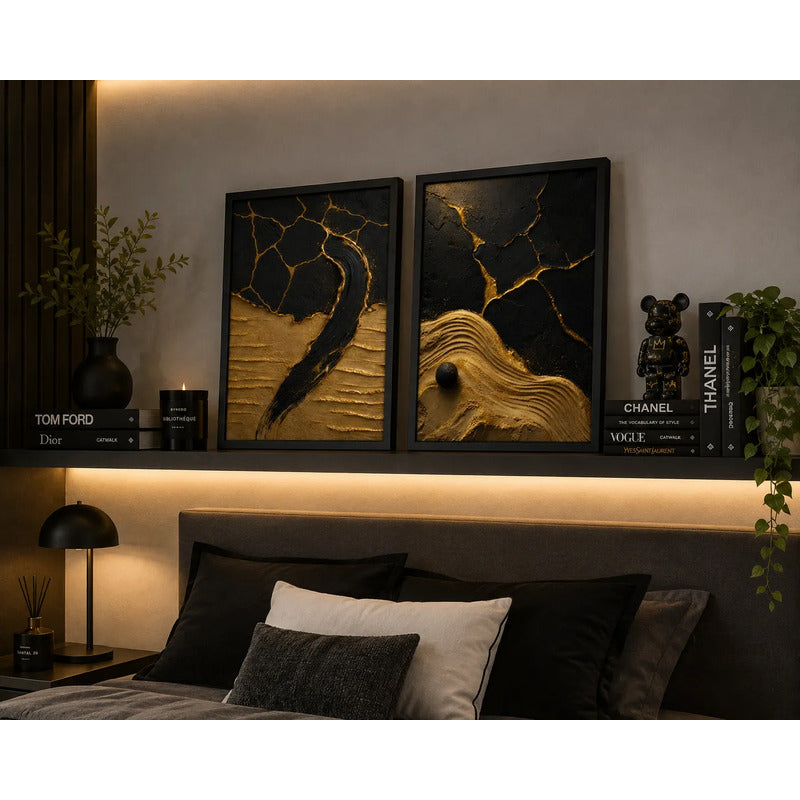 Set 2 Cuadros Living Dormitorio Abstracto 3d Oro Negro Brs3 Marco Negro