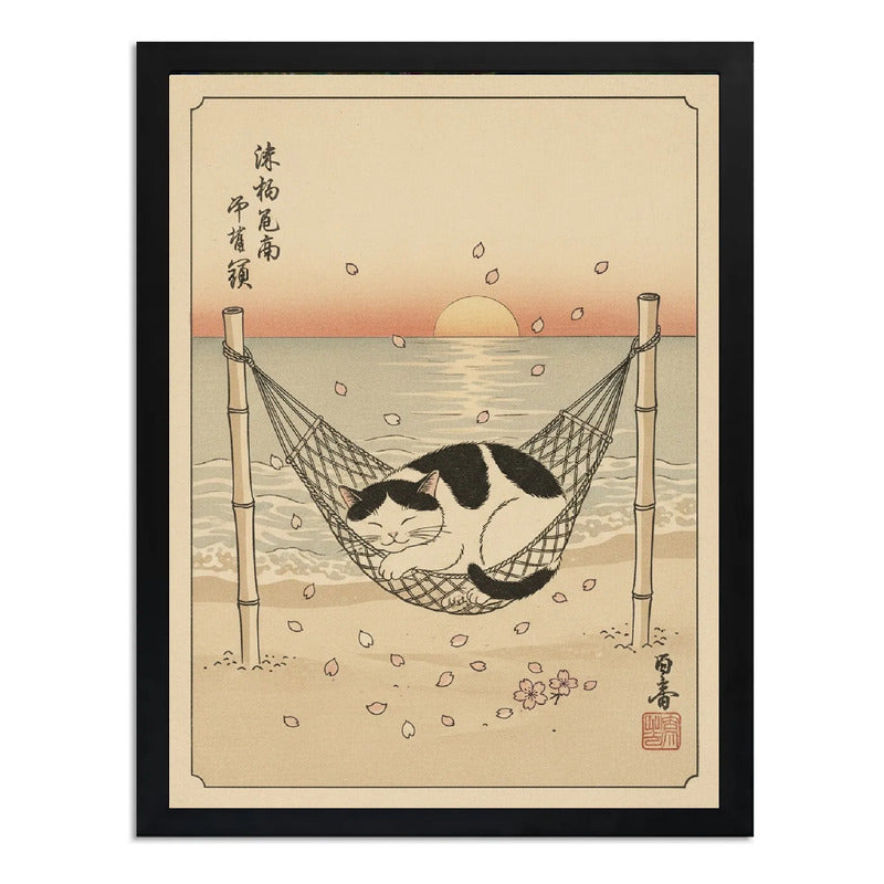 Cuadro Gato Zen Playa Sol Japón Flor Cerezo Mar Tonos Beige Marco Negro